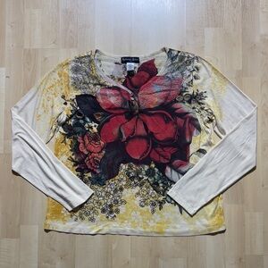 Floral Long Sleeve Top in Cream and Red VINTAGE